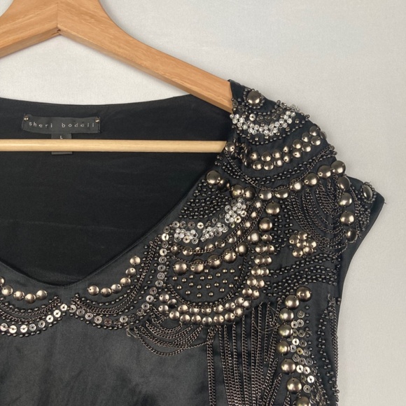 Sheri Bodell Embellished Silk Cocktail Dress Studded Chained Cape Black Womens L - Picture 2 of 6